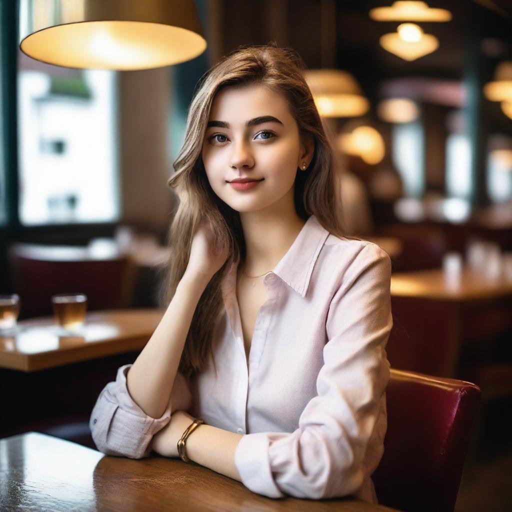 A European 20-year-old female wearing a shirt, sitting at a restaurant