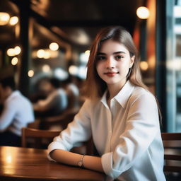 A European 20-year-old female wearing a shirt, sitting at a restaurant