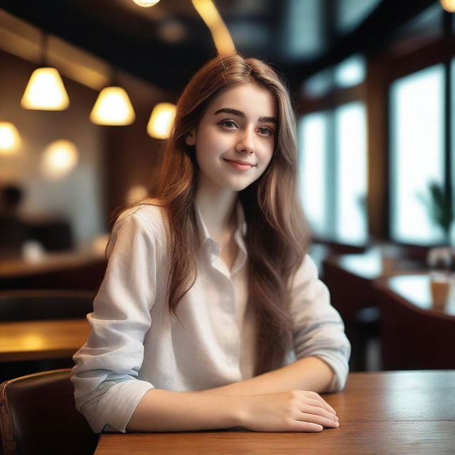 A European 20-year-old female wearing a shirt, sitting at a restaurant