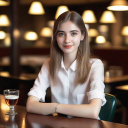 A European 20-year-old female wearing a shirt, sitting at a restaurant