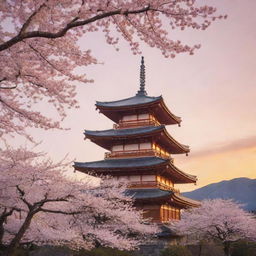 A serene Japanese temple against the backdrop of a cherry blossom tree in full bloom with a peaceful sunset sky.