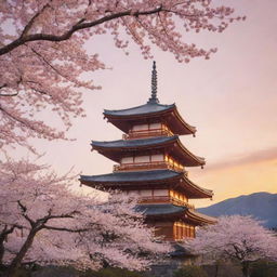 A serene Japanese temple against the backdrop of a cherry blossom tree in full bloom with a peaceful sunset sky.