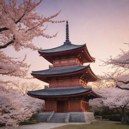 A serene Japanese temple against the backdrop of a cherry blossom tree in full bloom with a peaceful sunset sky.