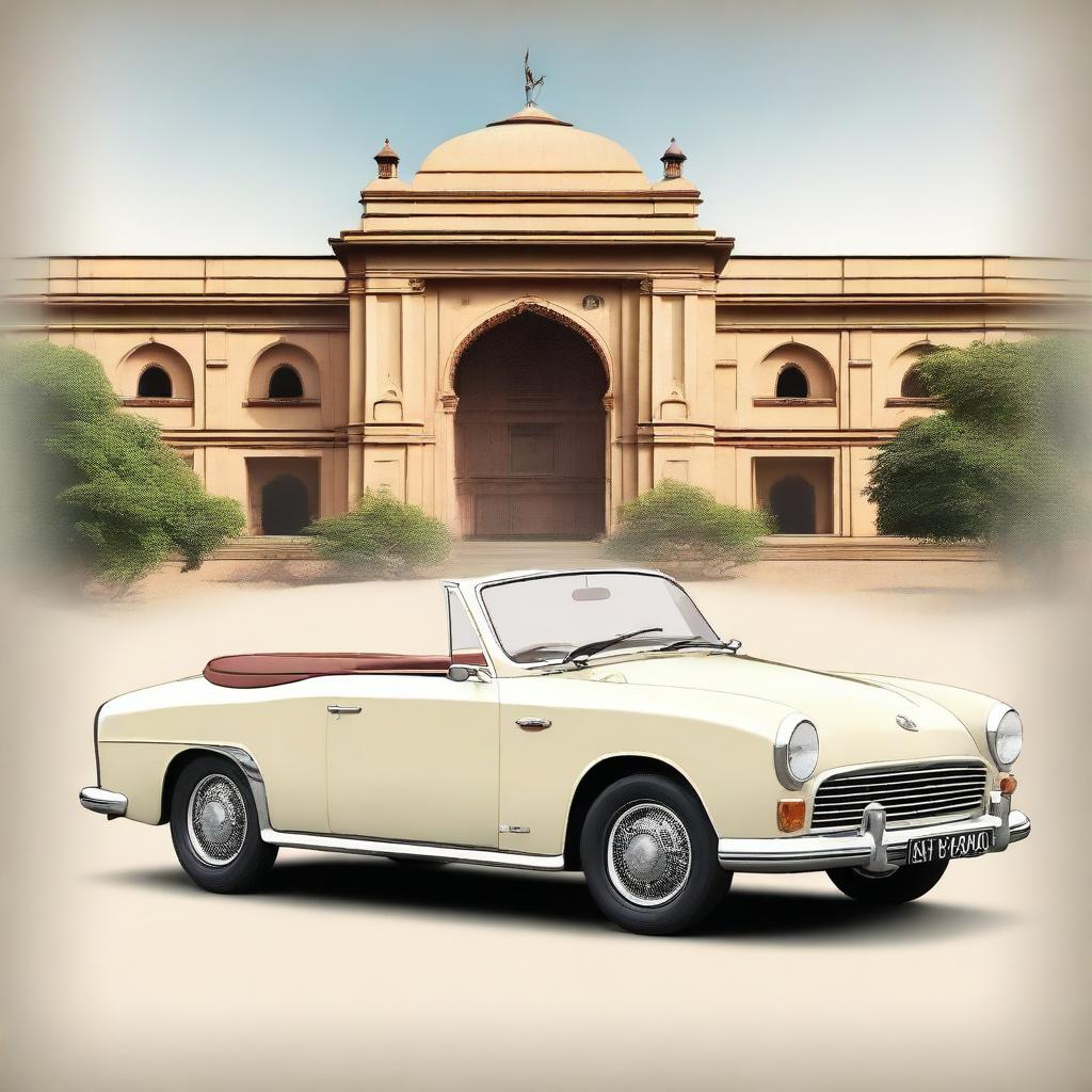 Generate a highly detailed image of a Hindustan Motors (HM) Ambassador car with a soft top