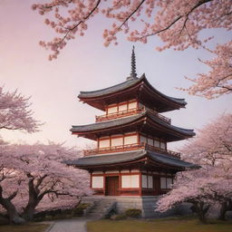 A serene Japanese temple against the backdrop of a cherry blossom tree in full bloom with a peaceful sunset sky.