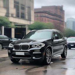 A black BMW X3 Jeep that has been involved in a rear-end collision