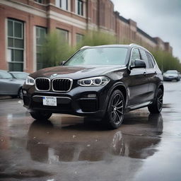 A black BMW X3 Jeep that has been involved in a rear-end collision