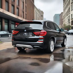 A black BMW X3 Jeep that has been involved in a rear-end collision