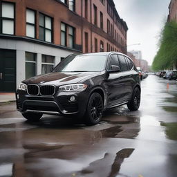 A black BMW X3 Jeep that has been involved in a rear-end collision