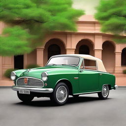 Generate a highly detailed panoramic image of a Hindustan Motors (HM) Ambassador car with a soft top