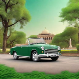 Generate a highly detailed panoramic image of a Hindustan Motors (HM) Ambassador car with a soft top