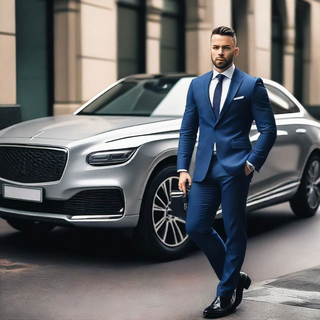 A high-quality photo of a man wearing a suit and holding a briefcase, sitting in front of a flashy car