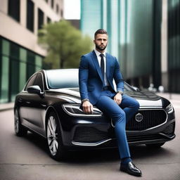 A high-quality photo of a man wearing a suit and holding a briefcase, sitting in front of a flashy car