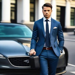 A high-quality photo of a man wearing a suit and holding a briefcase, sitting in front of a flashy car