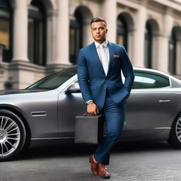 A high-quality photo of a man wearing a suit and holding a briefcase, sitting in front of a flashy car