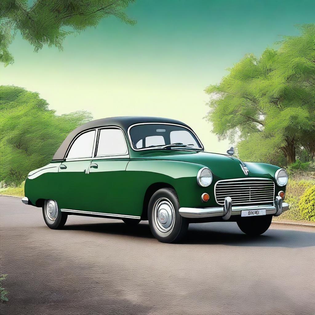 Generate a highly detailed panoramic image of a four-door Hindustan Motors (HM) Ambassador car with a soft top