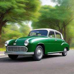 Generate a highly detailed panoramic image of a four-door Hindustan Motors (HM) Ambassador car with a soft top