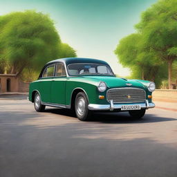 Generate a highly detailed panoramic image of a four-door Hindustan Motors (HM) Ambassador car with a soft top