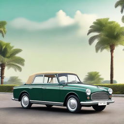 Generate a highly detailed panoramic image of a four-door Hindustan Motors (HM) Ambassador car with a soft top