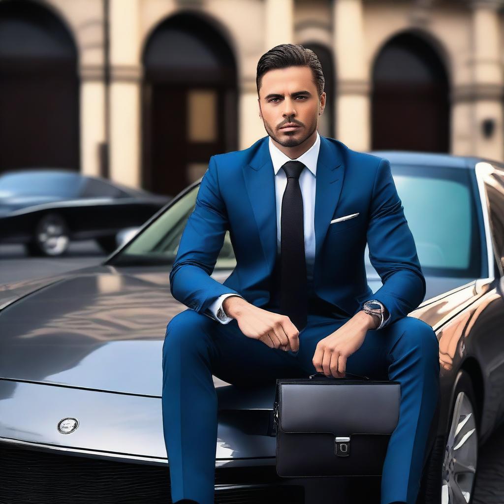 A high-resolution photo of a man wearing a suit and holding a briefcase, sitting in front of a flashy car