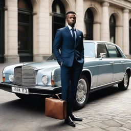 A high-resolution photo of a man wearing a suit and holding a briefcase, sitting in front of a flashy car