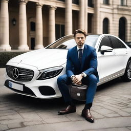 A high-resolution photo of a man wearing a suit and holding a briefcase, sitting in front of a flashy car