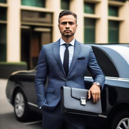 A high-resolution photo of a man wearing a suit and holding a briefcase, sitting in front of a flashy car