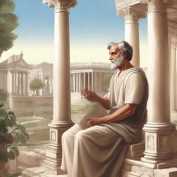 A detailed illustration of the book 'Consolaciones de Lucio Anneo Séneca' showing an ancient Roman philosopher in a serene setting, with classical architecture in the background