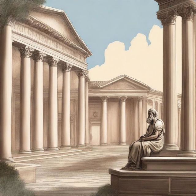 A detailed illustration of the book 'Consolaciones de Lucio Anneo Séneca' showing an ancient Roman philosopher in a serene setting, with classical architecture in the background