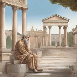 A detailed illustration of the book 'Consolaciones de Lucio Anneo Séneca' showing an ancient Roman philosopher in a serene setting, with classical architecture in the background