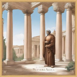 A detailed illustration of the book 'Consolaciones de Lucio Anneo Séneca' showing an ancient Roman philosopher in a serene setting, with classical architecture in the background