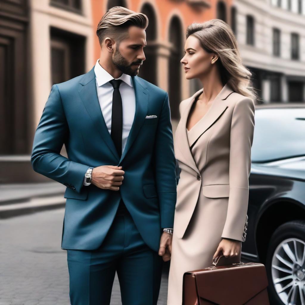 A high-quality photo of a man wearing a suit and carrying a briefcase, standing in front of a car