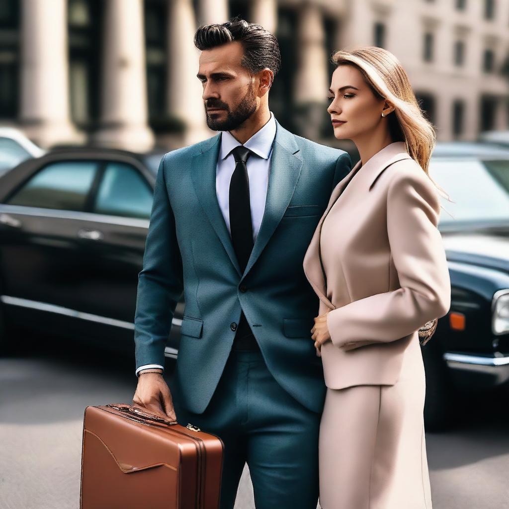 A high-quality photo of a man wearing a suit and carrying a briefcase, standing in front of a car