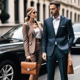 A high-quality photo of a man wearing a suit and carrying a briefcase, standing in front of a car