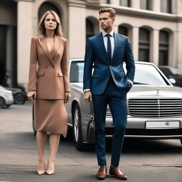 A high-quality photo of a man wearing a suit and carrying a briefcase, standing in front of a car