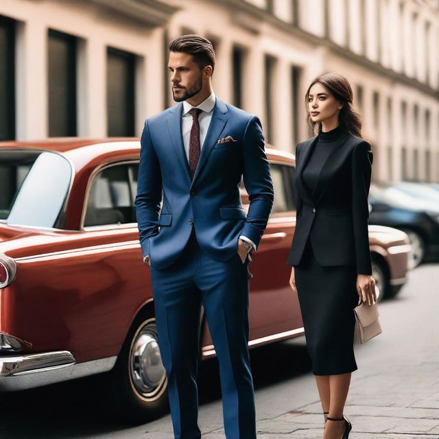 A high-quality photo of a man wearing a suit and carrying a briefcase, standing in front of a car