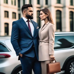 A high-quality photo of a man wearing a suit and carrying a briefcase, standing in front of a car