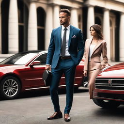 A high-quality photo of a man wearing a suit and carrying a briefcase, standing in front of a car