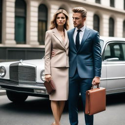 A high-quality photo of a man wearing a suit and carrying a briefcase, standing in front of a car