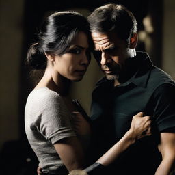 A dramatic photo of a man standing behind a woman, his chin resting on her shoulder as he holds a gun up