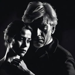 A dramatic scene showing a man standing behind a lady, his chin resting on her shoulder