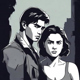 A dramatic scene featuring a young man standing behind a lady, his chin resting on her shoulder