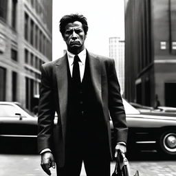 A dramatic scene featuring a man wearing a suit and carrying a briefcase, holding a gun above his head