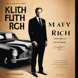 A book cover featuring a man wearing a suit standing confidently in front of a luxurious car