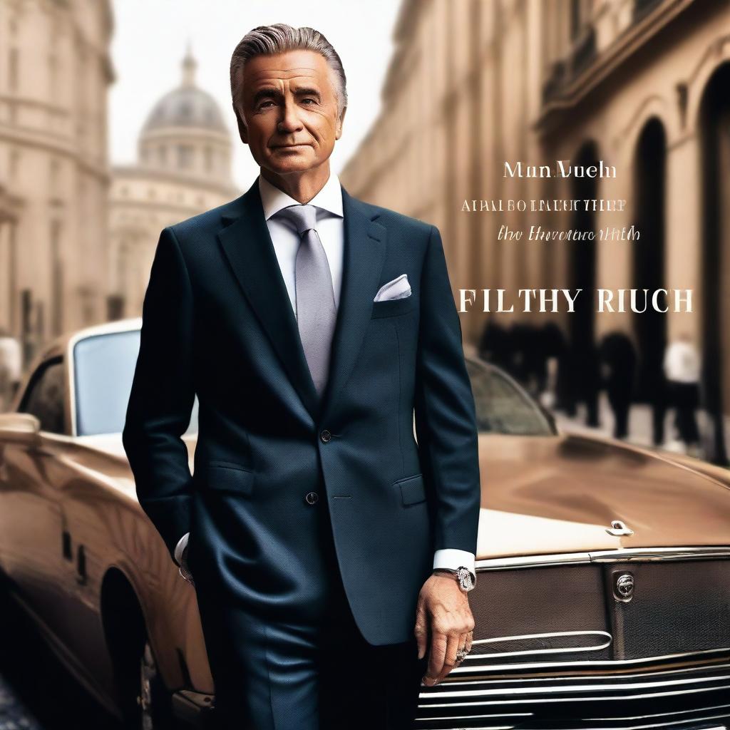 A book cover featuring a man wearing a suit standing confidently in front of a luxurious car