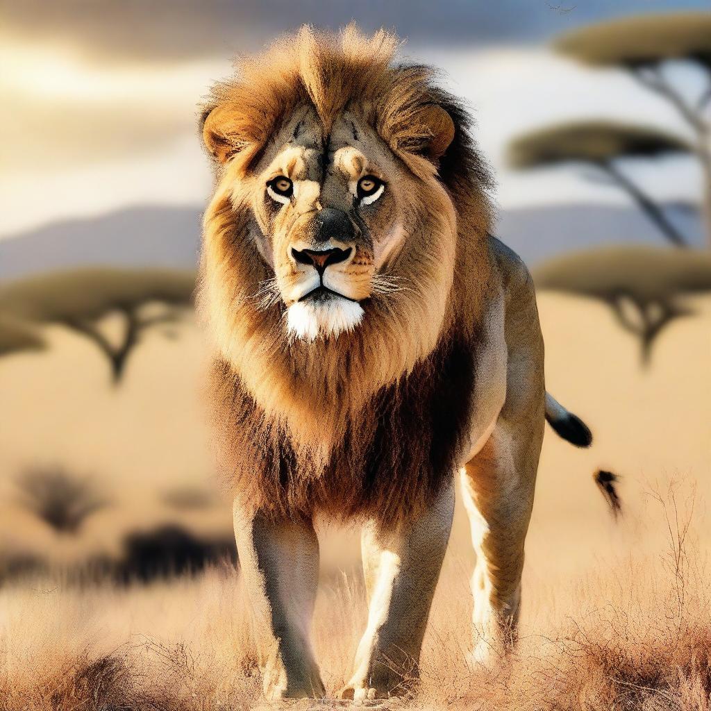 A majestic lion standing proudly in a savannah, with a photo of the user integrated into the image