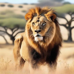 A majestic lion standing proudly in a savannah, with a photo of the user integrated into the image