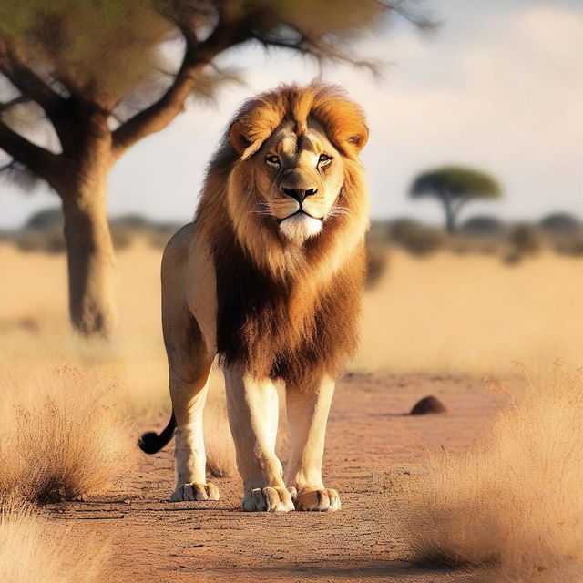 A majestic lion standing proudly in a savannah, with a photo of the user integrated into the image