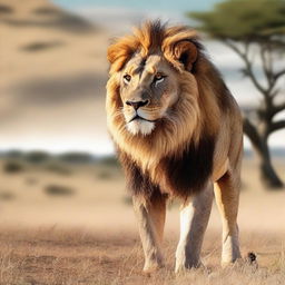 A majestic lion standing proudly in a savannah, with a photo of the user integrated into the image