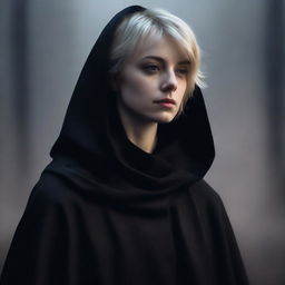 A moody background featuring a short-haired blonde woman wearing a black cloak